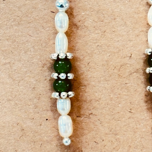 Stainless Steel Dangle Earrings Genuine Freshwater Pearls & Green Jade Hand Made - Picture 6 of 12